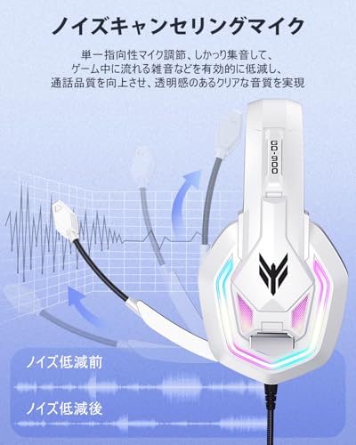 YPBDAN ゲーミングヘッドセット PS5 ヘッドセット ノイズキャンセリング マイク付き 3.5mm有線 ゲーミングヘッドホン 重低音 LEDライト コントローラー ミュート付き ステレオ ヘッドフォン FPS ゲーム用 Nintendo Switch Xbox One PS4 PC スマホ対応 (ホワイト)