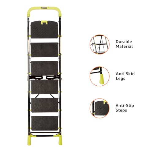 Image of Amazon Basics Dynamo - Foldable Step Ladder, Safety Clutch Lock, Anti Slip Steps, Knee Guard, Anti Skid PVC Shoes, 6 Steps (Steel, Black & Lime Green)