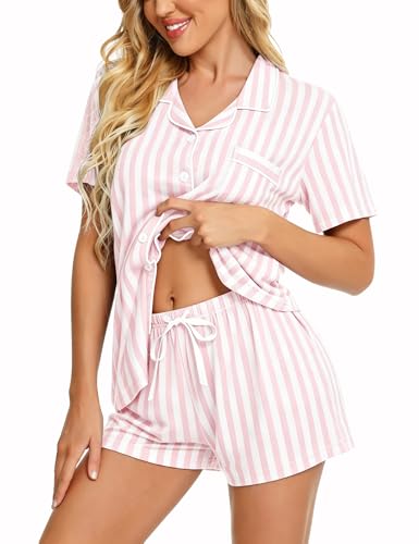 Image of SWOMOG Womens Button Down Pajamas Set Short Sleeve Sleepwear Bride Soft Pj Lounge Sets XS-3XL