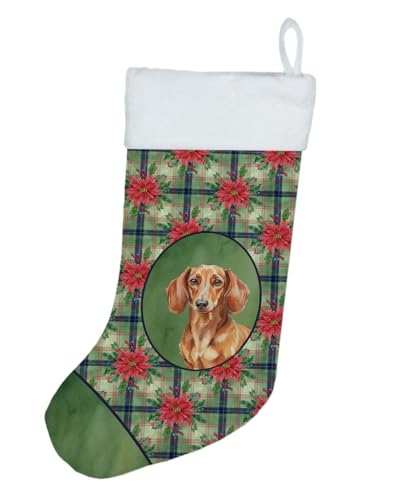 Caroline's Treasures Red Brown Dachshund Christmas Poinsettas Holiday Stocking Double-Sided Print, Polyester Suede,11x18, Made in USA