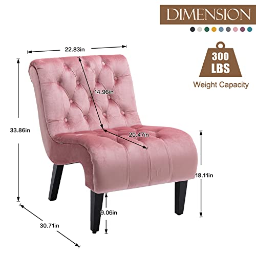 Kinffict Velvet Accent Lounge Chair For Living Room, Modern Leisure Chair With Tufted Backrest, Indoor Armless Side Chair, Upholstered Bedroom Sleeper Chair With Solid Wood Legs, Pink #TOP1