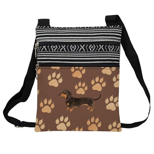 Brown Dachshund Paw Messenger Bag Small Ethnic Pattern Adjustable Strap Crossbody Zipper Pouch Dachshund Phone Organizer Wallet Cute Shoulder Handbag for Dog Lovers Women Friends