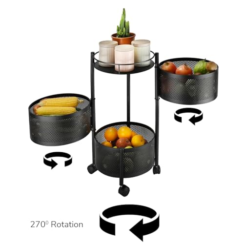 Image of KITCHIVO Kitchen Storage Rack | Revolving Vegetable Rack | Square Multipurpose Storage Trolley with Wheels | Metal Fruit Rack (Black Round, 3 Layer)