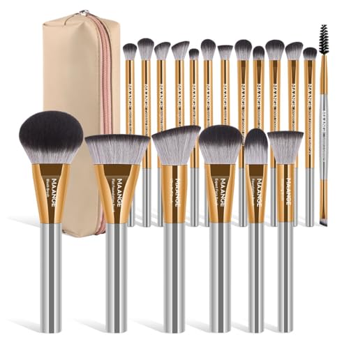 MAANGE 20 PCS Makeup Brushes with Case Professional Makeup Brush Set Premium Synthetic Face Kabuki Foundation Brush Kit (Silver)