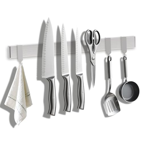 19 Inch Magnetic Knife Holder with Hooks, Strong Wall Mount Magnetic Knife Rack for Kitchen, Black Stainless Steel Knife Strip Organizer for Utensils, Spoons, Forks
