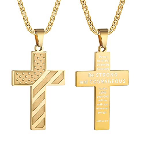 HattiDoris American Flag Cross Necklace for Men Stainless Steel Box Chain 22+2 inch Inspirational Bible Verse Cross Pendant Patriotic Jewelry Personalized Christian Gift for Men(G-Be Strong)