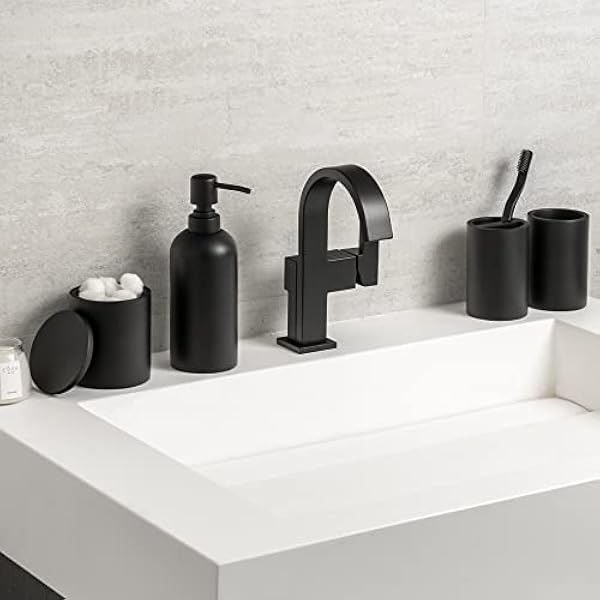 Jo Lavie Juego de accesorios para baño, 4 unidades, dispensador de jabón de loción, tarro de boticario, soporte para cepillo de dientes, taza de cepillo de dientes, decoración moderna y organizador