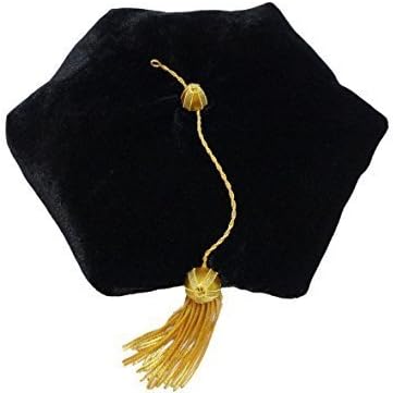 American Doctoral Tam, Black Velvet 6-Sided Doctoral Cap with a Gold Tassel, Men and Women Hat Sizes XS-XL