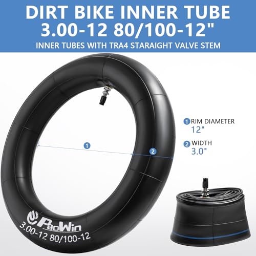 2-PCS Heavy Duty 2.75/3.00-12 (80/100-12) TR4 Straight Valve Stem Butyl Rubber Motorcycle Inner Tubes Compatible with 3.00-12 2.75-12 80/100-12 90/100-12 Mini Pit Bike/Motorcycle Front Rear Tire Tubes by PaoWin - Used condition - Image 4