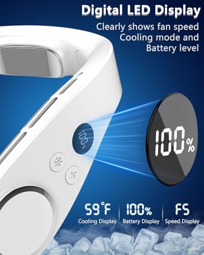Image of FWV Neck Fan with Cooling Plate, 5500mAh 3-24Hrs Battery, Ultra Quiet 5-Speed USB-C Necklace Cooler, LED Display for Battery&Speed,Hands-Free Bladless Mini Fans for Travel Office Indoor Outdoor White