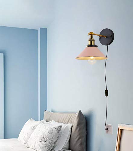 Image of ANYE Wall Sconces with UL Plug-in Button Black Cord Retro Minimalist Style Macaron Pink Iron Lampshade Decor Lights Fixtures for Loft Cabinet Kitchen Hotel Bulb Sold Separately