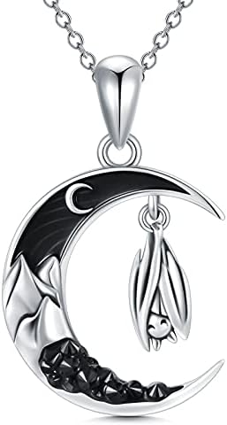 Flpruy Bat Crescent Moon Necklace 925 Sterling Silver Gothic Pendant Black CZ Mountain Necklace Jewelry for Women Girls