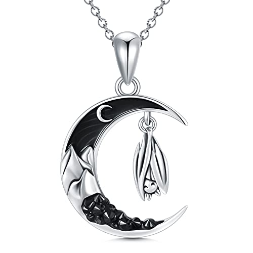 Flpruy Bat Crescent Moon Necklace 925 Sterling Silver Gothic Pendant Black Cz Mountain Necklace Jewelry For Women Girls #TOP2