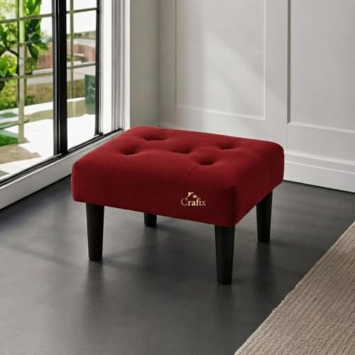 Image of Upholstered Foot Rest Ottoman Stool with Wooden Legs, Tufted Footstool for Living Room, Bedroom, Makeup Vanity, Entryway, Comfortable Footrest Bench, Modern Accent Ottoman (Red)