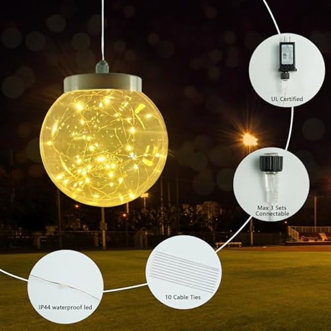Led Garden String Lights,Hanging 7.94inch Waterproof Fairy Ball Lights, Copper Wire Globe Lights with Memory Timer Plug for Party Yard Porch Eave Patio Christmas Xmas Indoor Outdoor Decoration