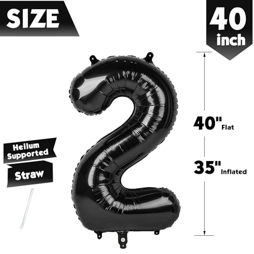 Image of 40 Inch Black Number 2 Balloon Birthday Party Decorations for Men & Women | 40 Inch Black inflatable foil number balloons, large birthday decorations for 2nd birthday