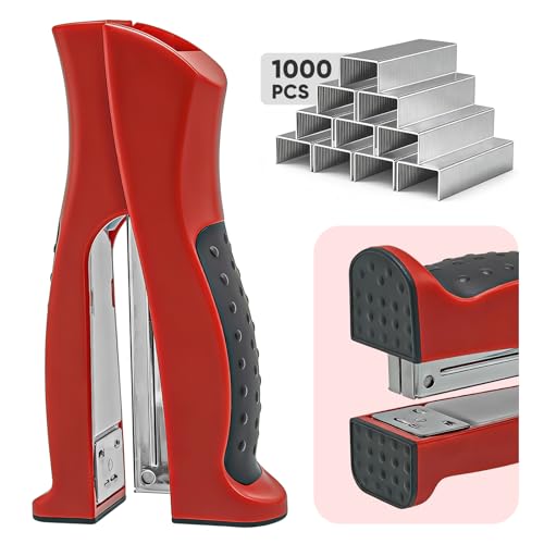Stand-Up Stapler with 1000 Standard Staples (24/6), Handheld Ergonomic Soft Grip 2-in-1 Vertical & Flat-Use Desktop Full Strip Stapler for Office, Home, School, Business & Classroom Supplies – Red