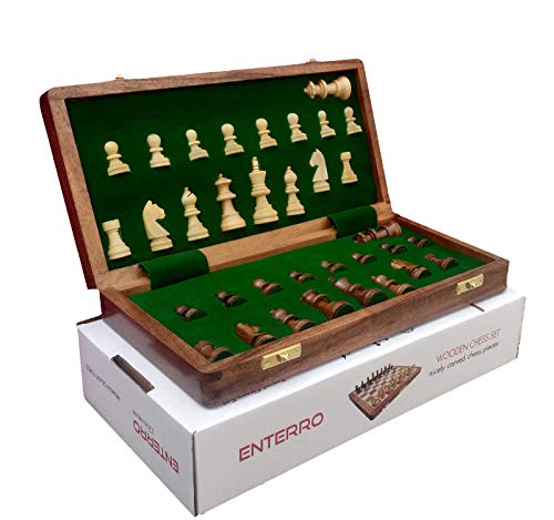 ENTERRO Chess Board Wooden Set 10 x 10 inch with 2 Extra Queens Magnetic Coins Handcrafted Foldable Travel Friendly for Kids Adults - 10 inch DQ