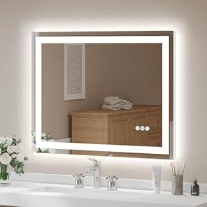 USHOWER LED Bathroom Mirror 40×32 Inch Tempered Glass – Frameless LED Backlit Lighted Mirror for Bathroom Vanity with Anti-Fog, 3 Colors Dimmable, Memory Function, Wall-Mounted