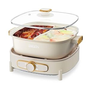 Dezin Hot Pot Electric with Divider, 5.5L Double-Flavor Electric Shabu Shabu Pot, Removable Non-Stick Dual Sided Electric Cooker, 3″ Depth Divided Pot with Multi-Power Control, 2 Silicone Ladles
