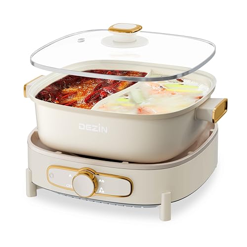 Dezin Hot Pot Electric with Divider, 5.5L Double-Flavor Electric Shabu Shabu Pot, Removable Non-Stick Dual Sided Electric Cooker, 3″ Depth Divided Pot with Multi-Power Control, 2 Silicone Ladles