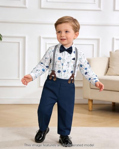 Image of SANGTREE Baby Suits for Boys Gentleman Wedding Outfits Long Sleeve Dress Shirt Suspender Pants Bowtie Boy Clothes Set, 1-6T