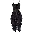 Womens Gothic Dress Steampunk Faux Leather Decorated High-Low Hem Lace Dresses