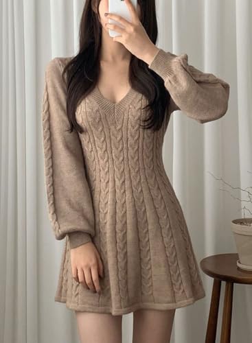 CHARTOU Women Fall Chunky Cable Knit V Neck Lantern Long Sleeve Pullover Sweater Dress3