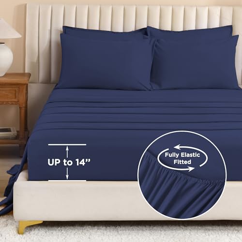 Image of Litanika Super King Plus Comforter Sets Navy Blue - 7 Pieces Bed in a Bag Beddding Sets, Solid Lightweight Bed Set with Comforter, Sheets, Pillowcases & Shams