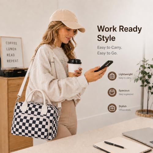 Image of LOVELYWIND Large Insulated Lunch Bag For Women, Black White Lunch Box 12L | Large Shoulder Strap Lunch Tote With Insulated Lining; Stylish Look For Work, School, Picnic, And Organized Meals.