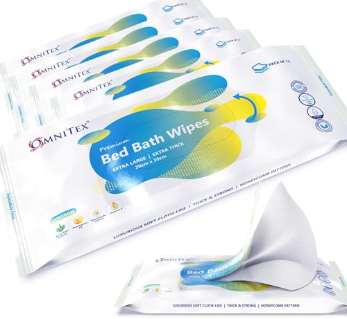 60x Omnitex Extra Thick Premium Bed Bath Wipes - Microwaveable | Extra Large, Rinse Free Body Cleansing for Elderly | With Aloe Vera & Vitamins | Cleanse & Protect | Paraben & Alcohol Free | 5x 12pk