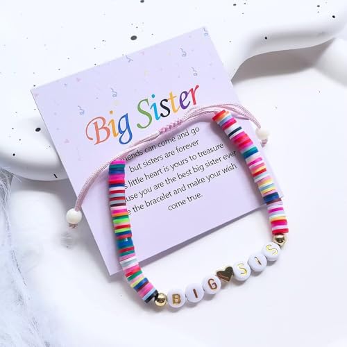 Image of Big Sister Gifts For Little, Pastel Rainbow Heart Rainbow Ball Big Little Sister Bracelet Announcement, Birthday Jewelry