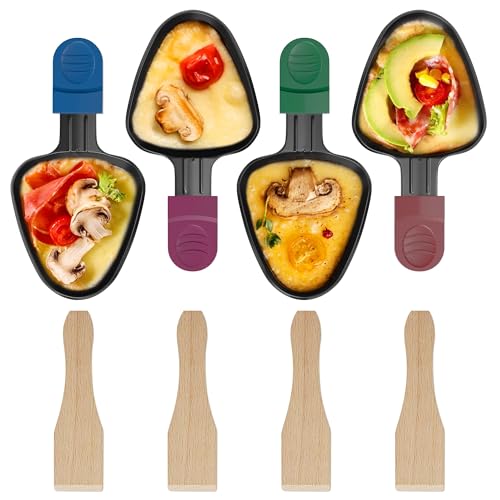 ipow Set 4 Sartenes Raclette Triangulares Mangos Multicolor + Palas - Antiadherente Térmico, 18.34cm, Máxima Versatilidad