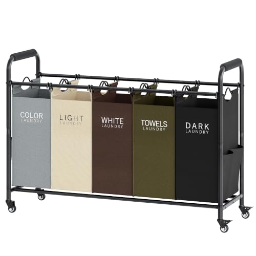5 Bag Laundry Sorter Cart, Laundry Hamper 5 Section, 5 Colors | Rolling Laundry Basket with Heavy Duty Lockable Wheels and Removable Bags, Large Clothes Hamper for Laundry Room, Bedroom
