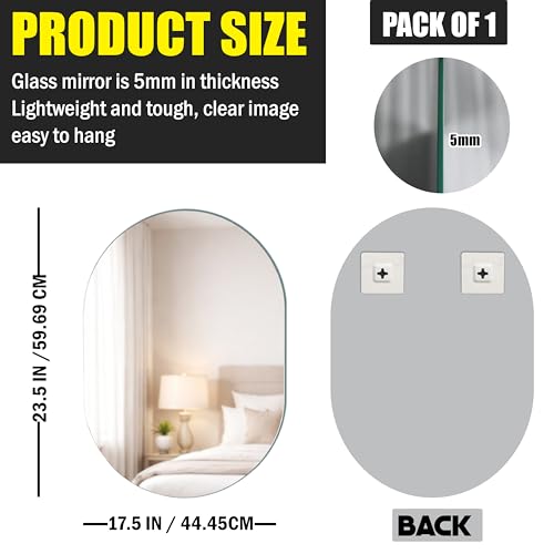 Image of Rousrie Frameless Wall Mirror for Bathroom, Glass, Modern, Clear, Rectangle, 60 x 45 Centimeters, Wall Mount (1, Capsule)