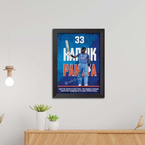 Image of TenorArts Hardik Pandya Poster with Quotes Indian Legend Cricket Player Photo Frame Painting with Matt Finish Black Textures (12 inches x 9inches)