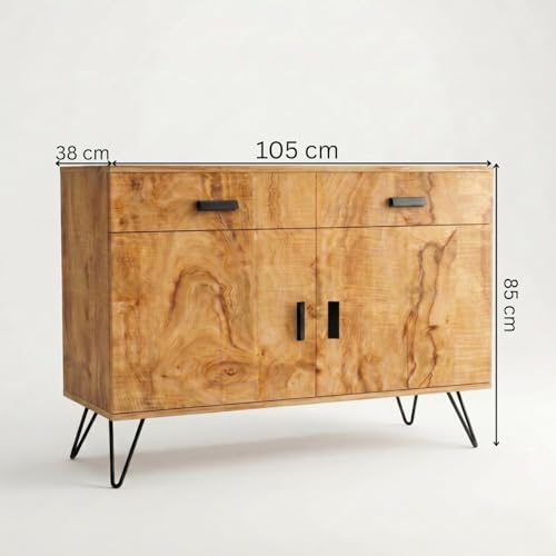 Image of FFO Wooden Sideboard Cabinet for Living Room | Wooden Living Room Storage Cabinet with Drawers, Side Cabinet for Bedroom, Modern Wood Finish, 2 Door Cupboard with Metal Legs Coach Wood DIY.