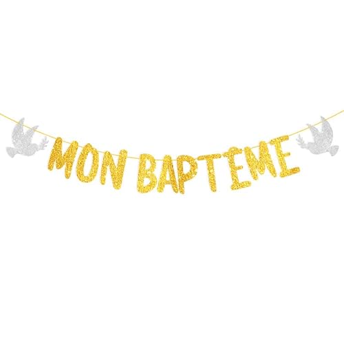 Mon Baptême Bannière Brillée Banderole Baby Shower Guirlande Banner Bapteme Décorations de Fête pour Naissance Filles Garçons Fête Anniversaire Party Célébration Noël Cover