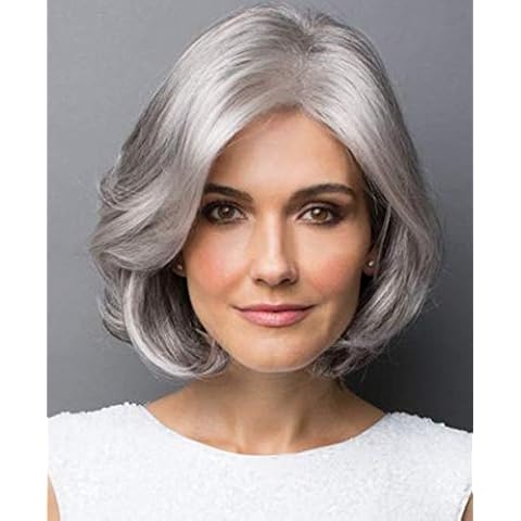 SEVENCOLORS Short Grey Wigs for Women Lace Front Silver Gray Short Wavy Bob Wigs Natural Hair Synthetic Wigs for Older White Women Cover
