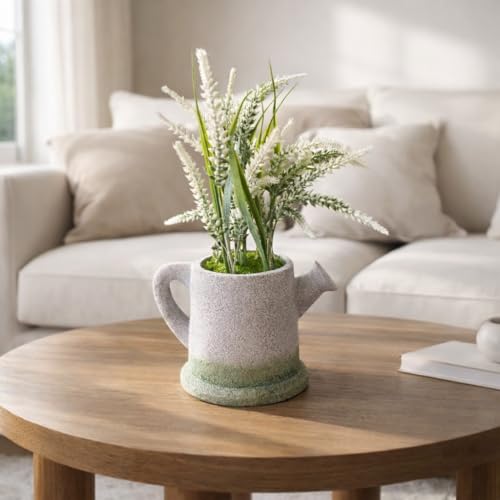 Image of Garden Art Artificial Heather Flower Spray in Shaded Watering Can Planter - Rustic Faux Floral Tabletop Centerpiece for Home, Office, Shelf & Desk Decor (P-0130White)