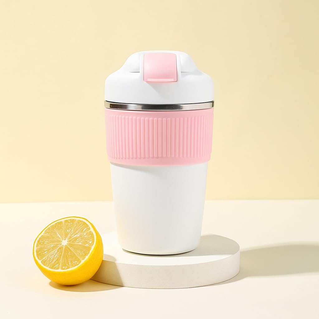 YELONA Macaroon 350 ML Double Wall Insulated Travel Coffee Tumbler Mug Sipper Thermos with 2in1 Flip Up Inbuilt Straw and Sip Lid, Leak Proof (Cherry Blossom)