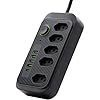 Extensão Tomada Inteligente Régua de Energia Filtro de Linha Bivolt 110V 220V 5 Tomadas 4 Interfaces USB 1 Porta USB-C Cabo de Alimentação 2 Metros (Preto)