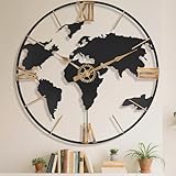 Pytha Sight 30 Inch Large Modern Decorative Metal World Map Wall Clocks Giant Extra Vintage Gold Roman Numeral Oversized Wall Clock for Living Room,Office,Dining Room,Entryway,Fireplace