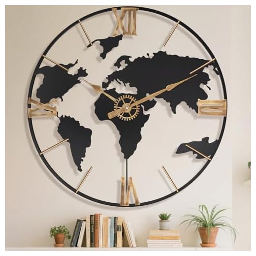 30 Inch Large Modern Decorative Metal World Map Wall Clocks Giant Extra Vintage Gold Roman Numeral Oversized Wall Clock for Living Room,Office,Dining Room,Entryway,Fireplace
