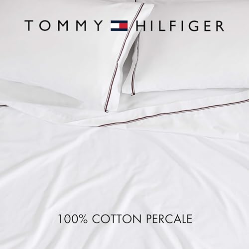 Image of Tommy Hilfiger - Sheet Set, Cotton Percale Bedding with Matching Pillowcases, Crisp & Cool, Premium Quality Home Essentials (Global Stripe Red, Twin XL)