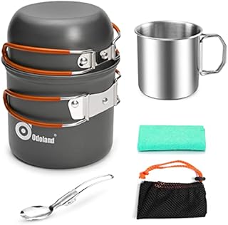 Odoland Camping Cookware Mess Kit for 1 People, Camping non-stick Cooking Set include Backpack Pot and Pan set with Stainless Steel Cup and Spork for Traveling Trekking and Hiking