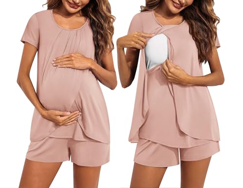 Image of Ekouaer Women's Maternity Nursing Pajamas Set Breastfeeding Sleepwear Double Layer Short Sleeve Top & Shorts Nursing Pjs