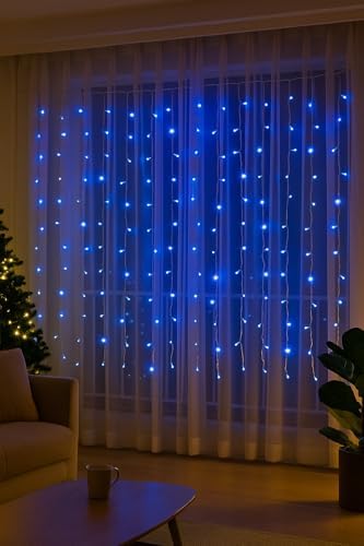 Elektronova Zasłona świetlna, 200 diod LED, 3 m, niebieskie światło, biały kabel, IP65, przedłużana, efekt błysku, z jednolitymi przewodami o długości 1 metra, wieniec bożonarodzeniowy, sklepy, balkon