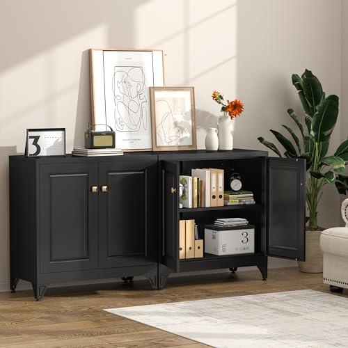 Kitchen Buffett, Sideboard Cabinet with Storage, Buffet Table with Doors and Adjustable Shelves, Small Metal Storage Cabinet for Living Room, Dining Room, Entryway Assemble Required, Black B