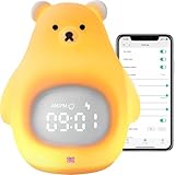 GANGULITO Smart Kids Alarm Clock Lamp App Control Toddler Sleep Trainer with Green Night Light All-in-one OK to Wake Rechargeable (Silicone White Teddy Bear)